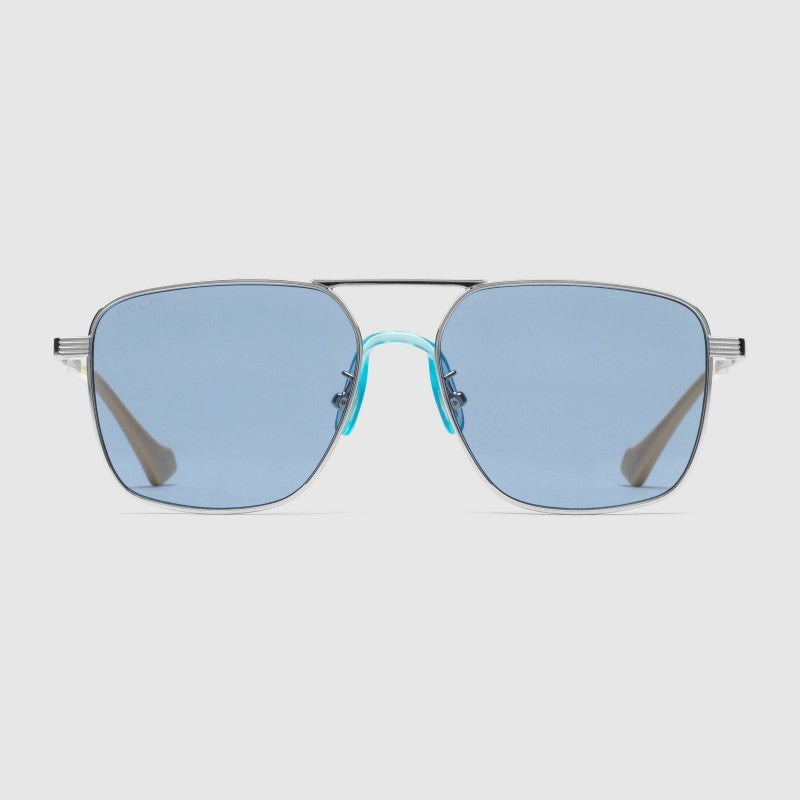 Gucci GG0743S 003 Aviator Square Metal Azul transparente Plata